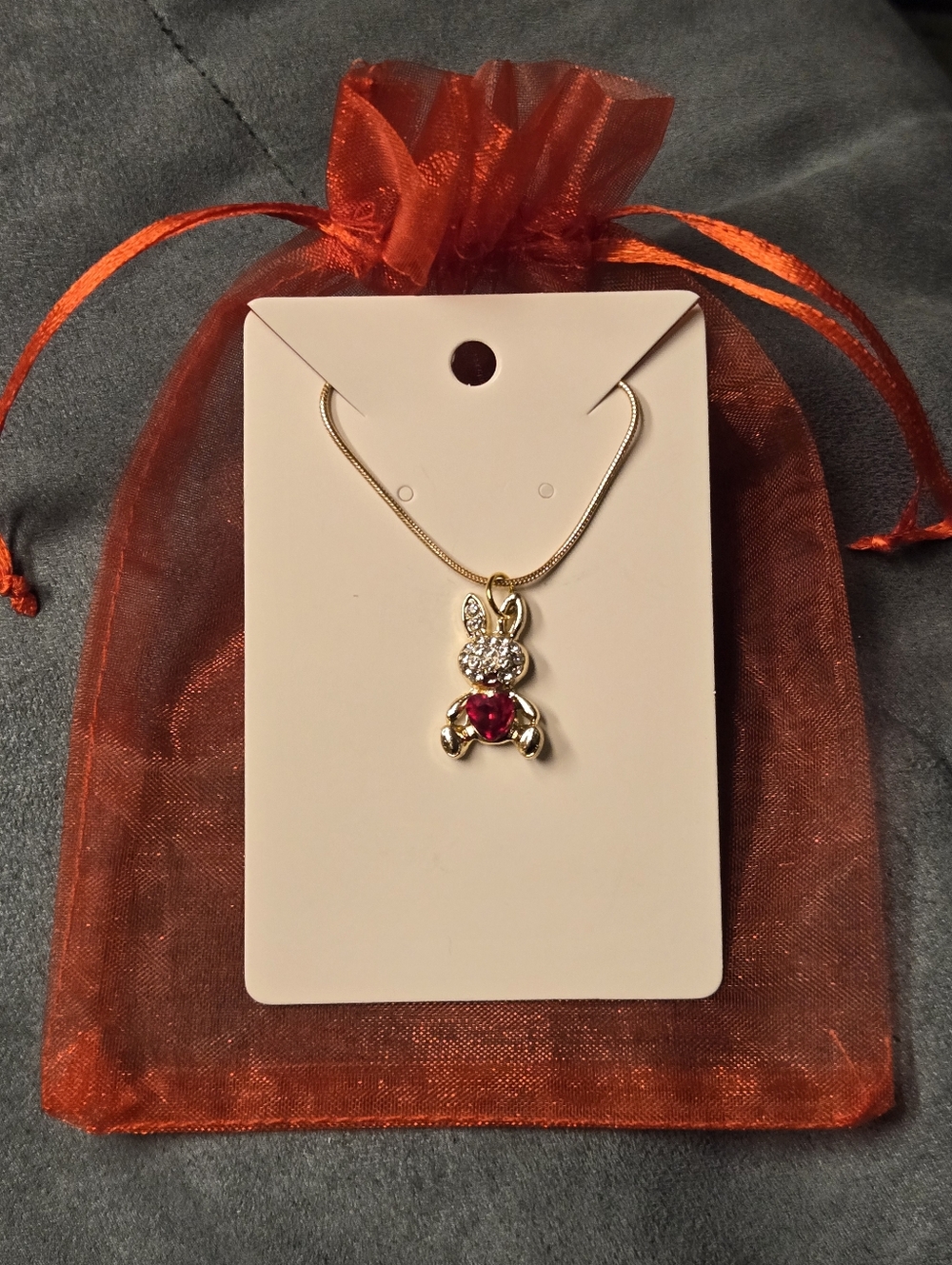 Gold Colored Bunny Necklace With Red Stone - Hand Crafted